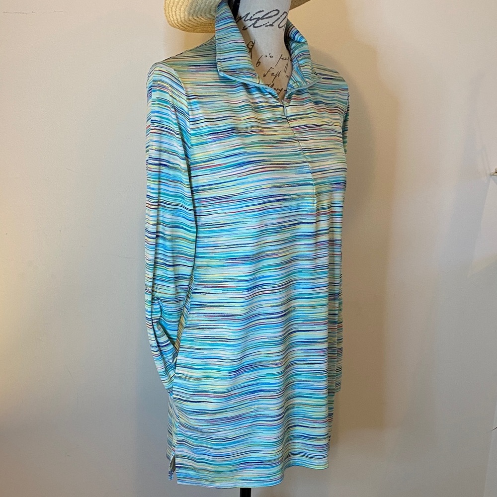 Lands' End Aqua Blue Striped Zip-Up Rash Guard beach cover-up 10/12